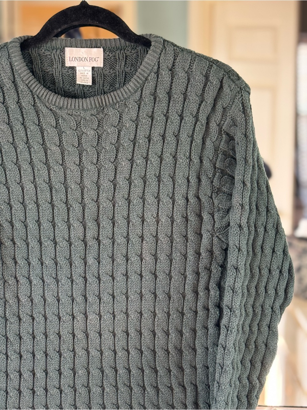 Vintage 100% Cotton Dark Green London Fog Men’s Cable Knit Crewneck Sweater Sz L